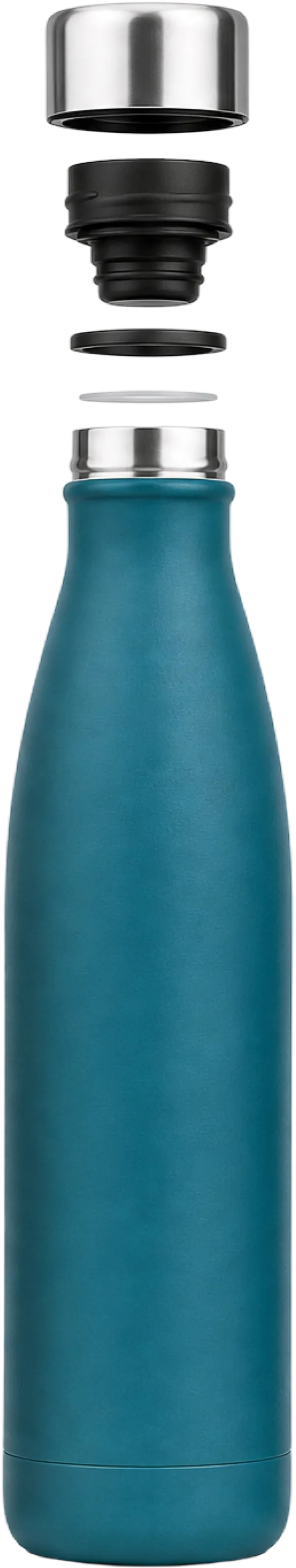 Exploded view showing the steel cap, inner lid, silicone seal and bottle body