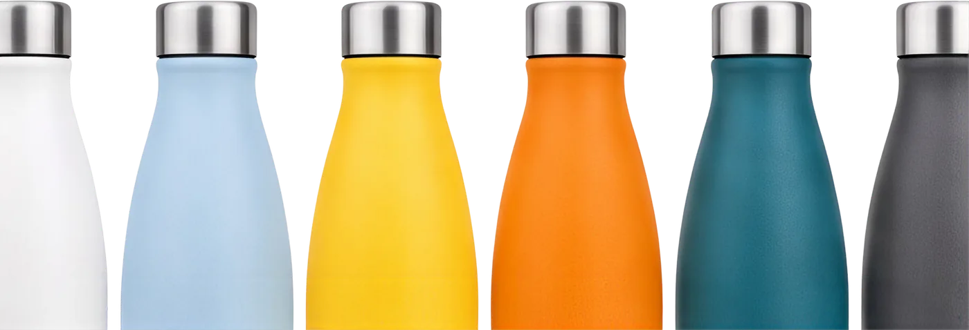 Close view of the six bottle tops and their brushed steel caps