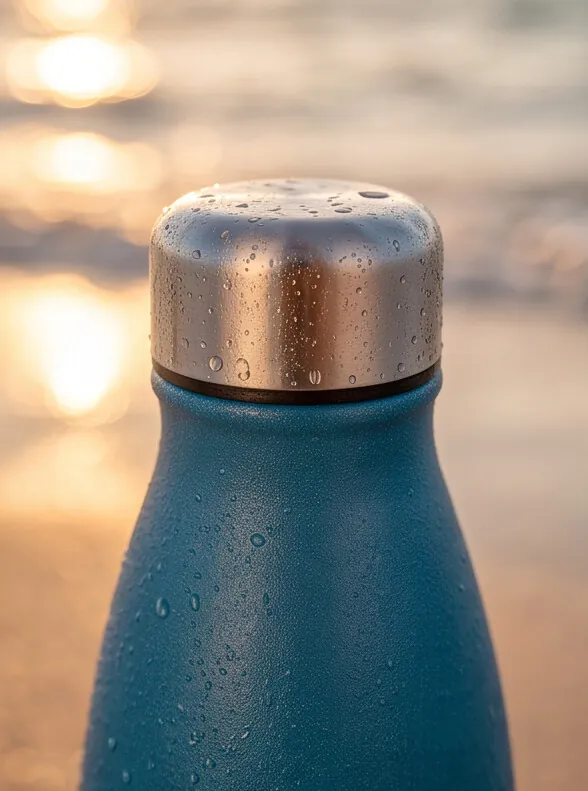 The brushed steel cap catching low sun over the sea