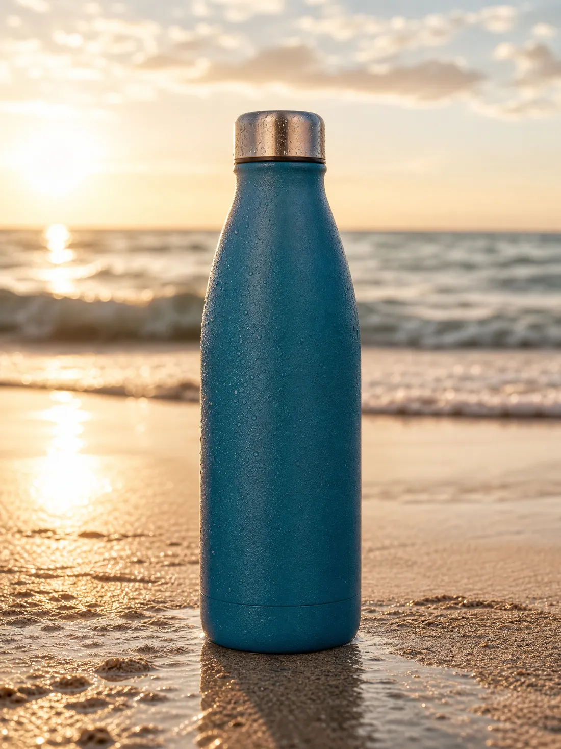 A Teal B3TTER standing in wet sand as the sun sets over the sea