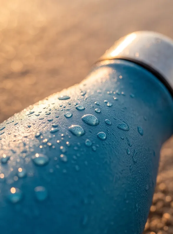 Water beading on the matte powder-coated surface of the bottle