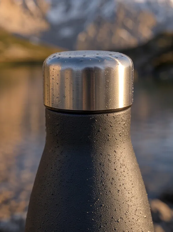 Close view of the brushed steel cap beaded with condensation