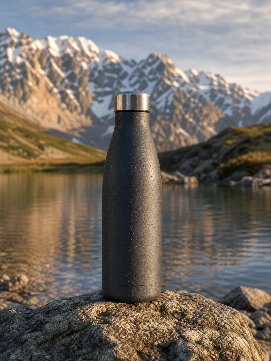 A Smoke B3TTER standing on a rock beside a still mountain lake at first light