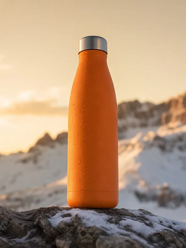 The bottle silhouetted against a mountain ridge at golden hour