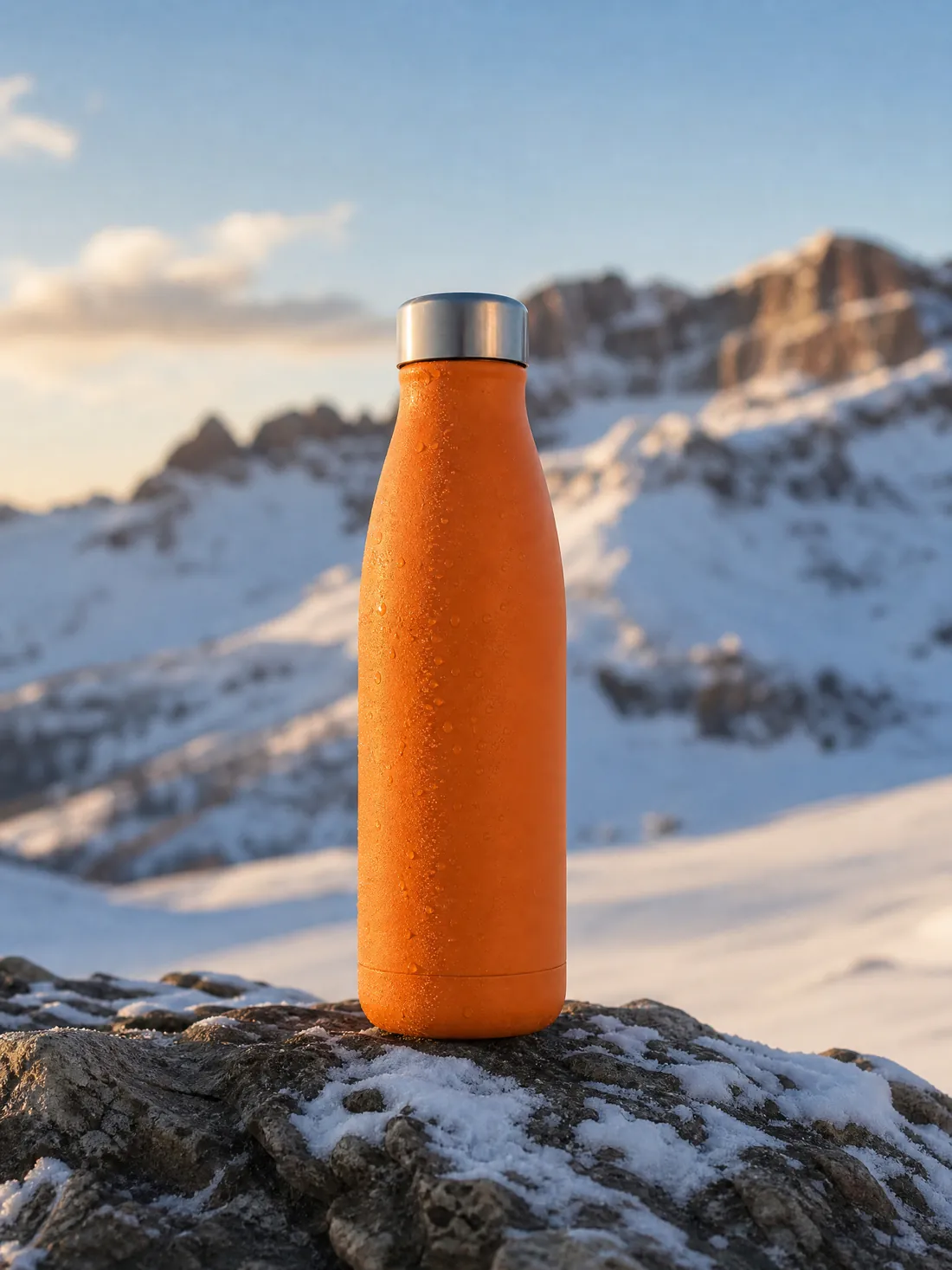 An Orange B3TTER on a rock above a snow-covered mountain range