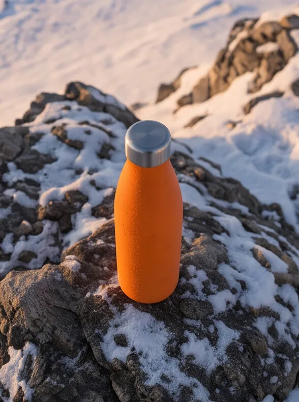 The orange bottle resting on snow-dusted rock