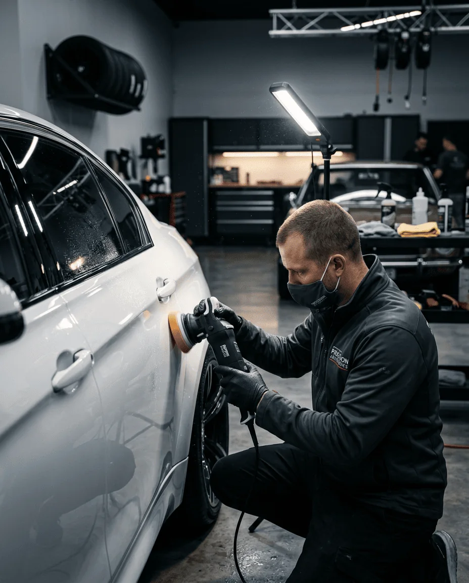 A technician polishing a car in the Durbanville Bodyworks workshop