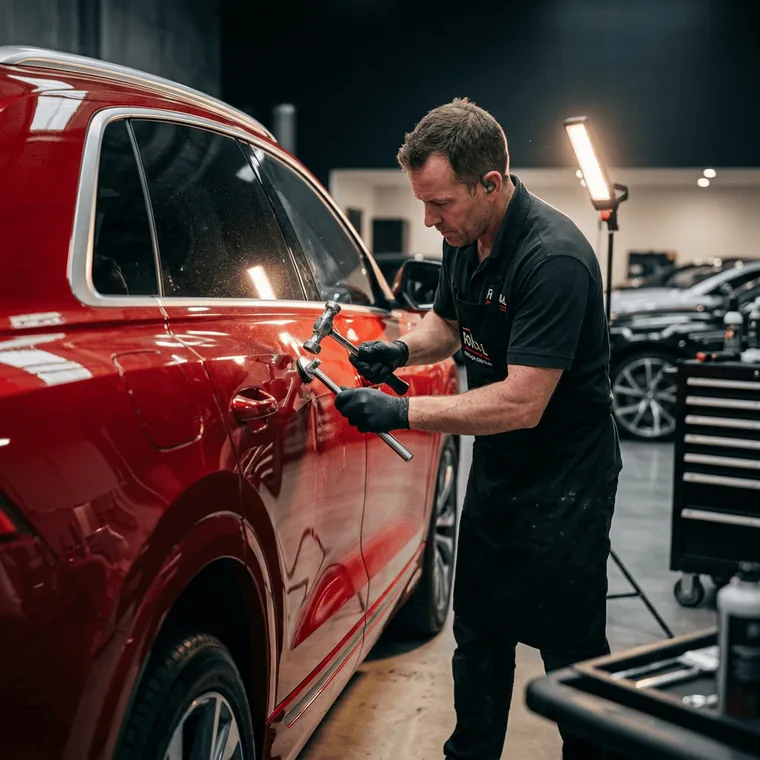 Panel beating on a car in the workshop