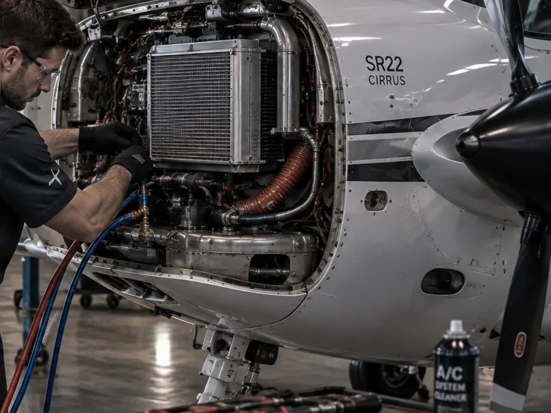 Refrigerant hoses connected to the air conditioning condenser inside a light aircraft's opened engine cowling