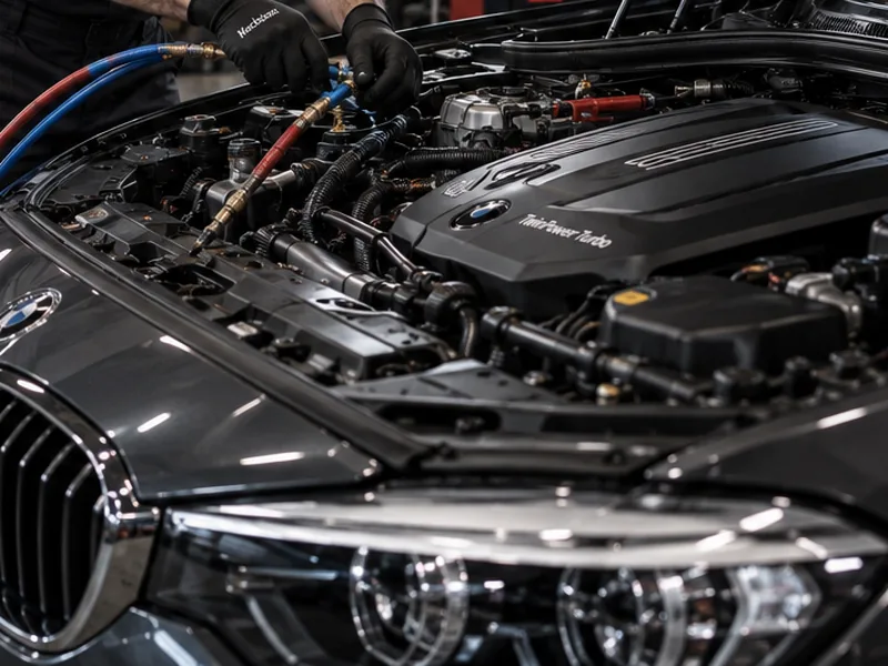 Gloved hands connecting refrigerant hoses to the aircon service ports in a car's engine bay