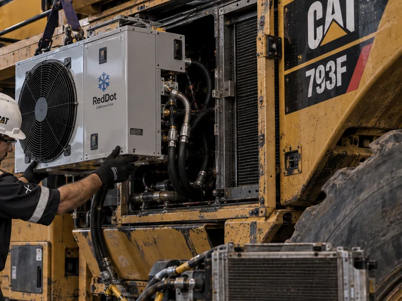 An air conditioning unit being lowered into the cab housing of a mining haul truck