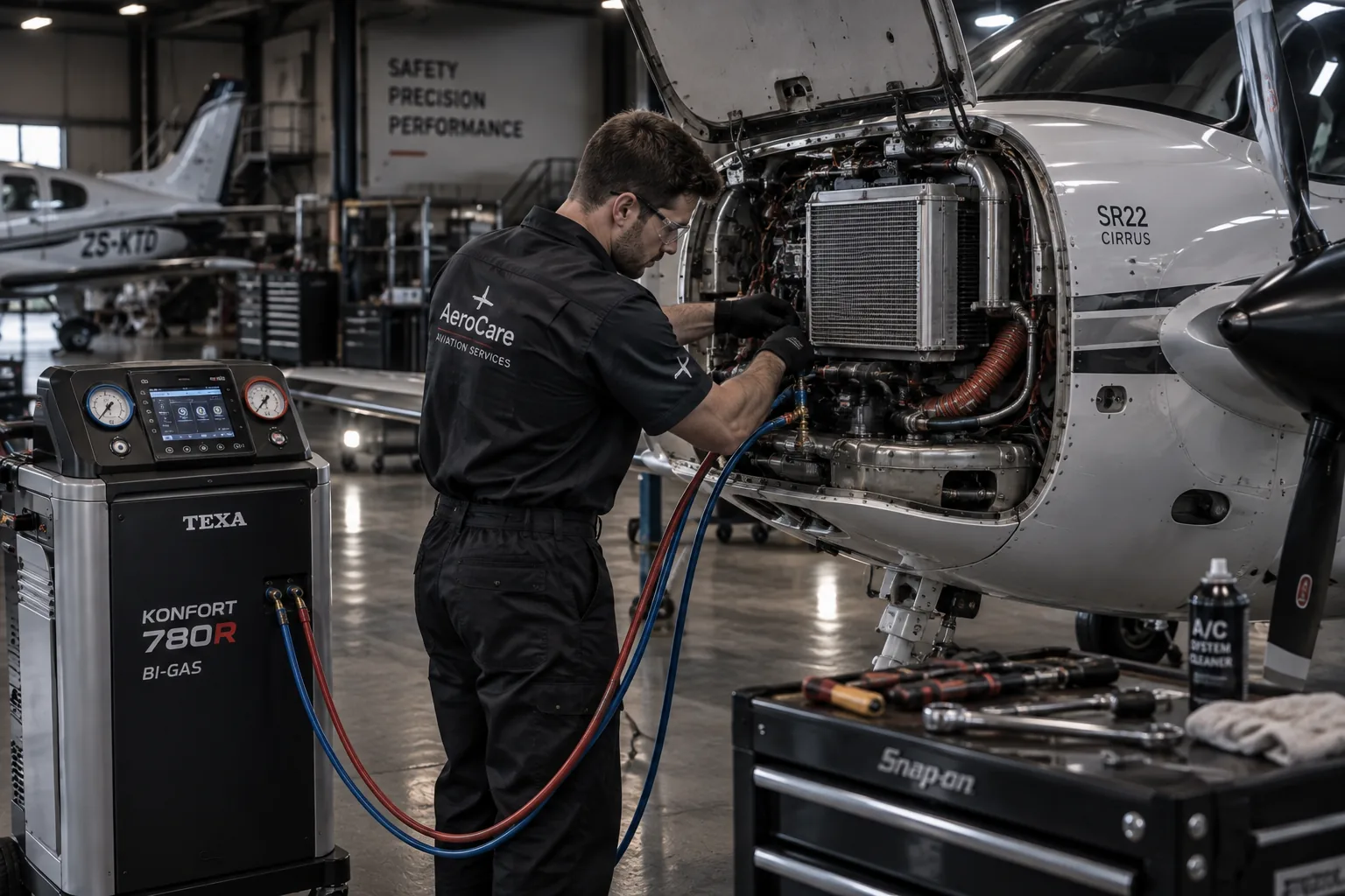 A technician servicing the aircon on a light aircraft, refrigerant hoses running into the opened engine cowling in a hangar