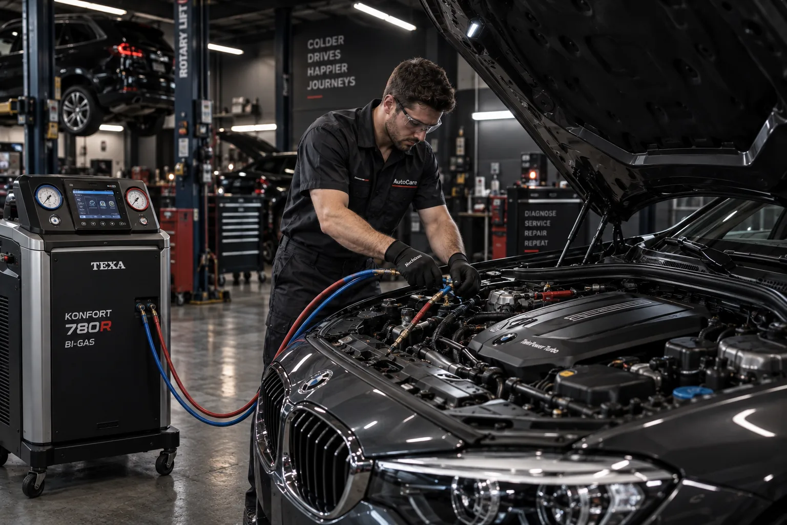 A technician recharging a car's aircon, the refrigerant station's hoses connected to the engine bay with the bonnet up