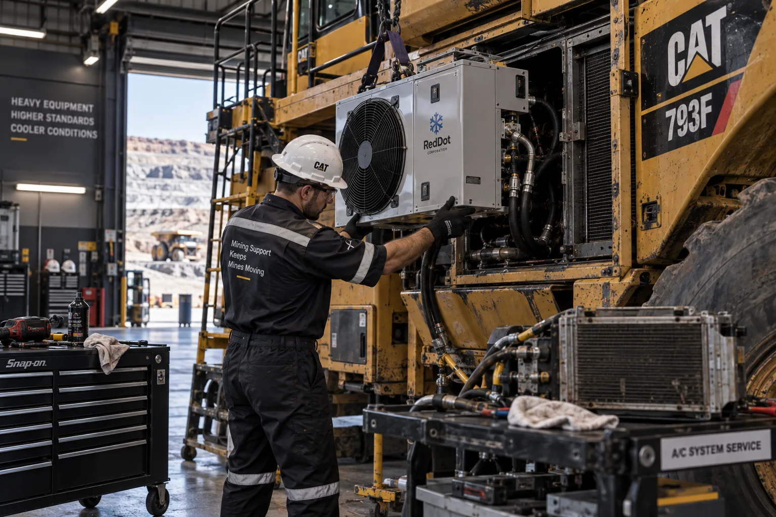 A technician fitting an air conditioning unit to the cab of a mining haul truck